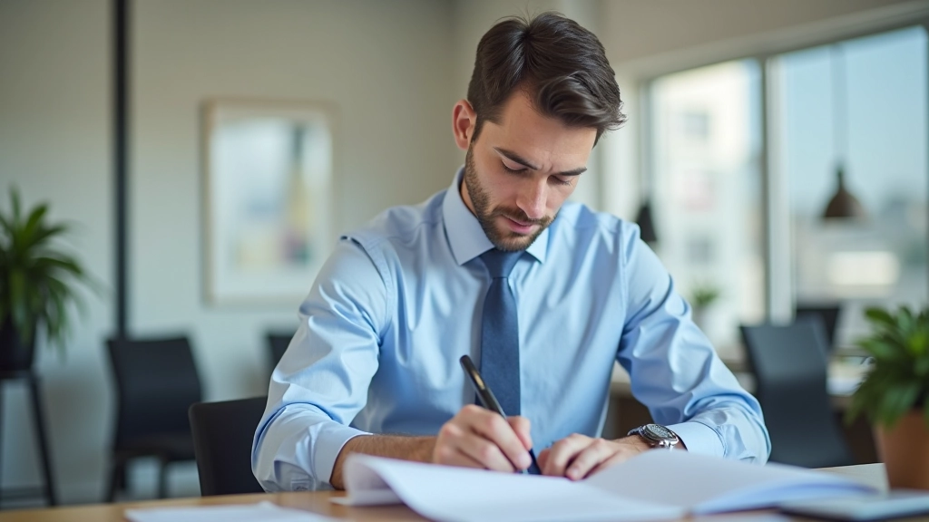 Professional real estate agent reviewing mortgage documents and pre-approval letters at office desk with computer