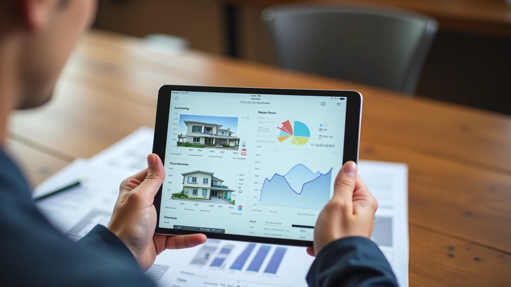 Tablet displaying real estate market data, property listings, and market analysis