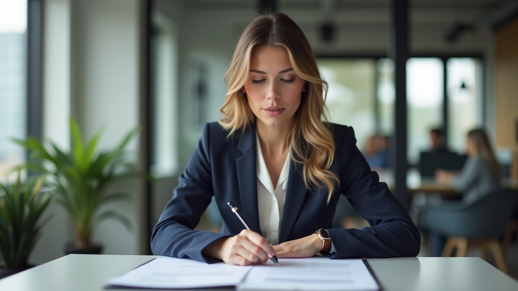 Real estate professional reviewing lead notes and qualification checklist on tablet, organized workspace with property listings